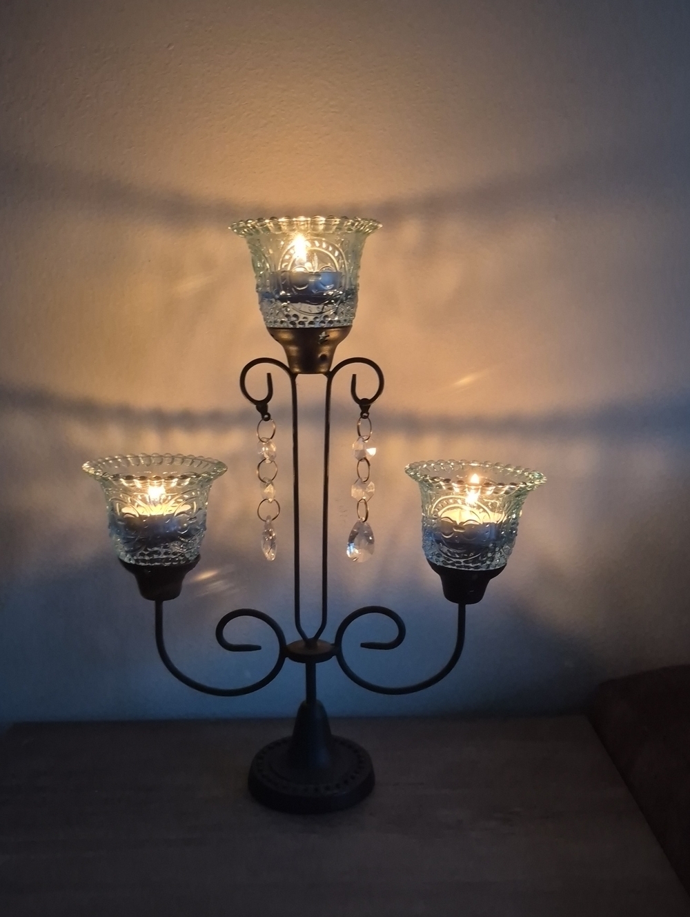 Blue Glass Triple Tealight Holder with Black Metal Stand